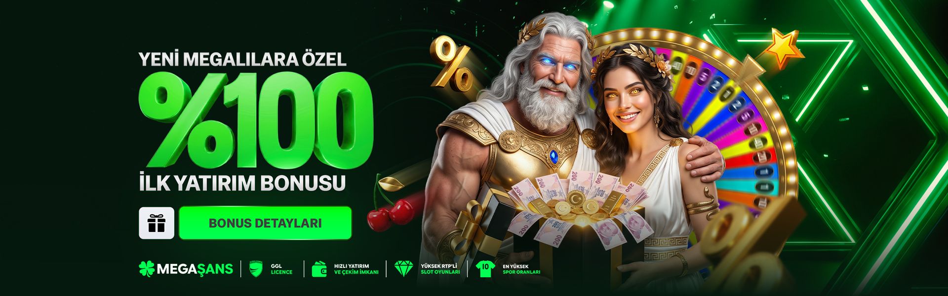 Megaşans bonus stratejileri ve promosyon avantajlarını içeren neon yeşili casino ve canlı iddaa finans paneli